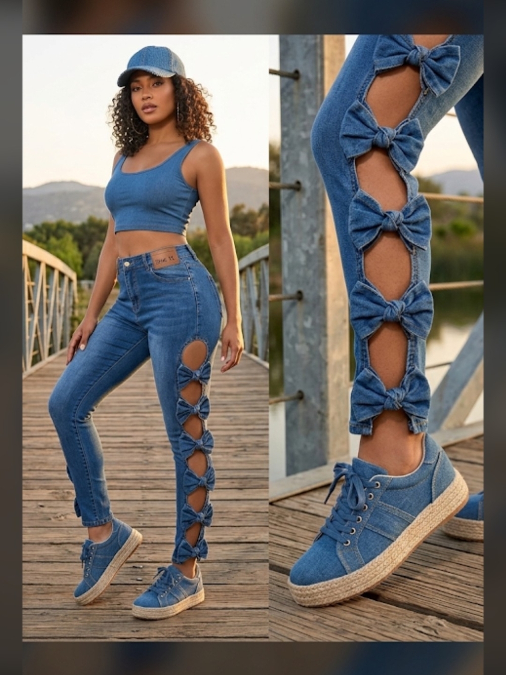 Cutout Side Bow Denim Jeans Medium Wash XL Fits Like 12-14